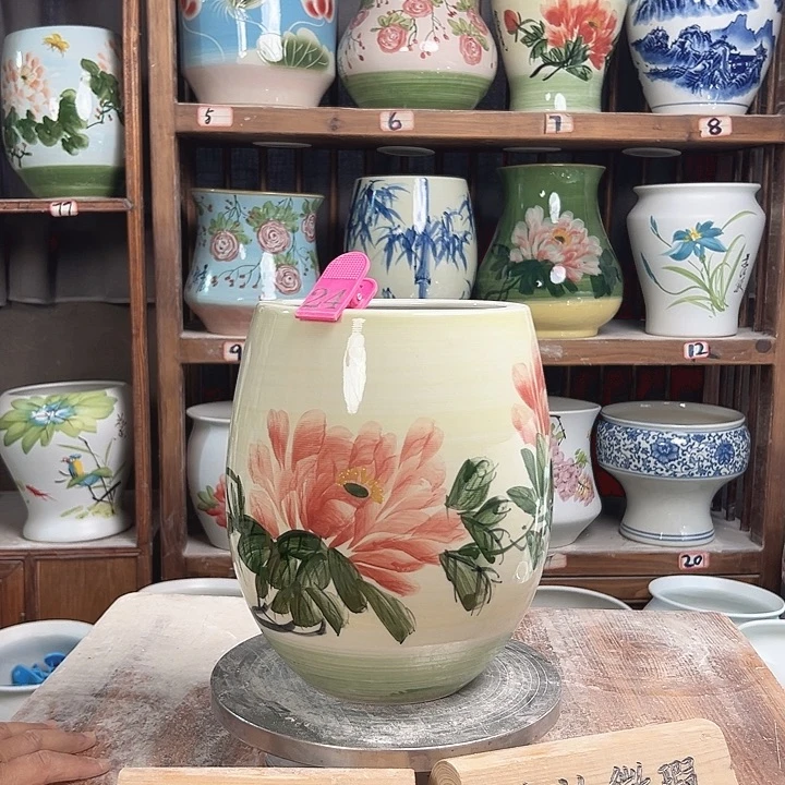 陶瓷但盆油画牡丹新款新款陶瓷陶瓷