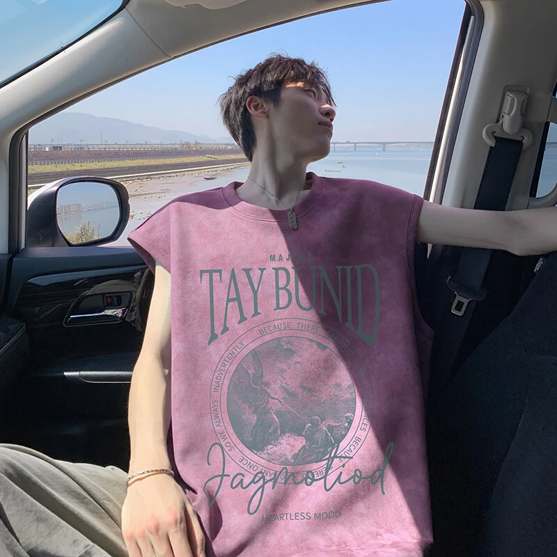 麂皮绒紫色无袖t恤男潮牌夏季运动篮球健身坎肩美式复古高街背心