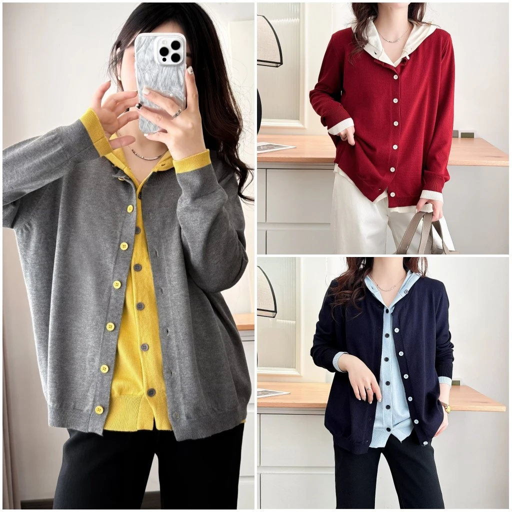 大码胖mm设计感减龄拼色假两件连帽针织开衫秋冬新款宽松遮肉毛衣