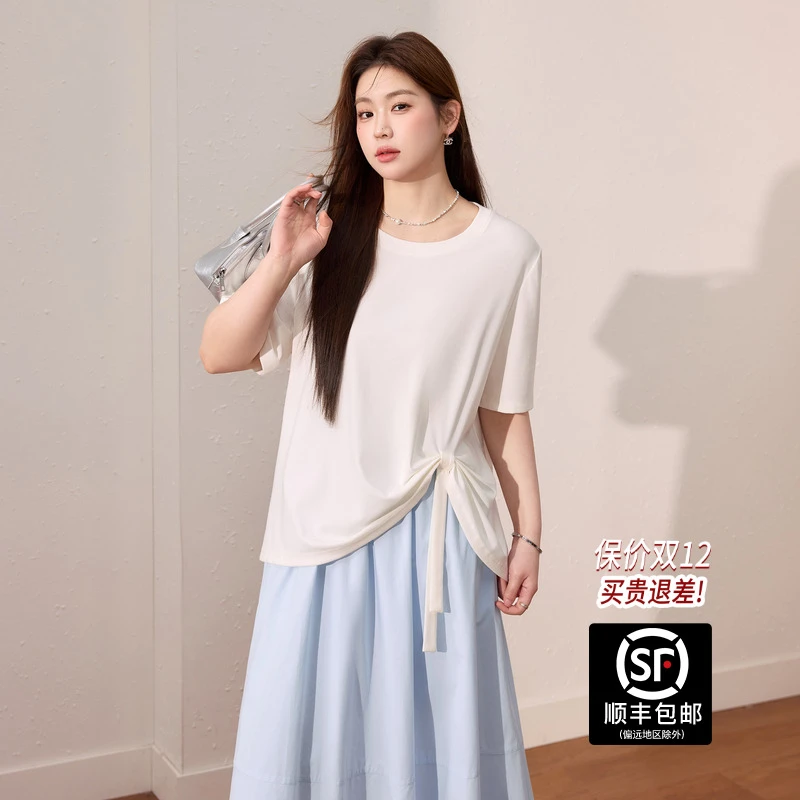 蓝语大码女装莱赛尔透气宽松短袖T恤2025夏季微胖mm白色显瘦上衣