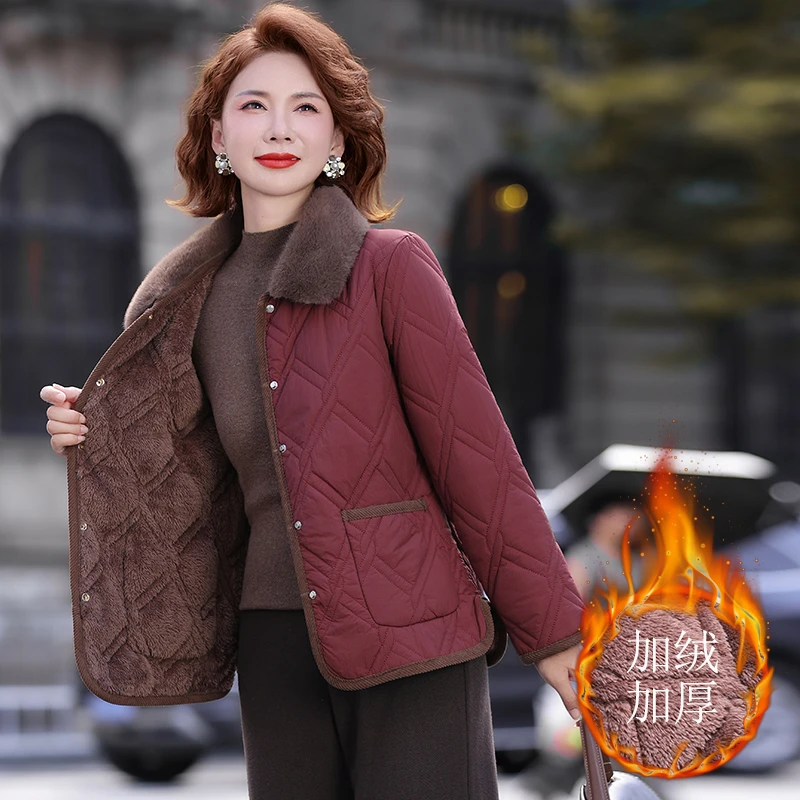 中年妈妈冬装夹棉外套2025新款中老年女秋冬棉衣加绒加厚保暖棉袄