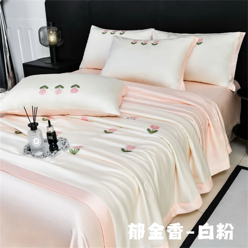 【晴美】冰丝刺绣款夏凉被四件套-郁金香-白粉
