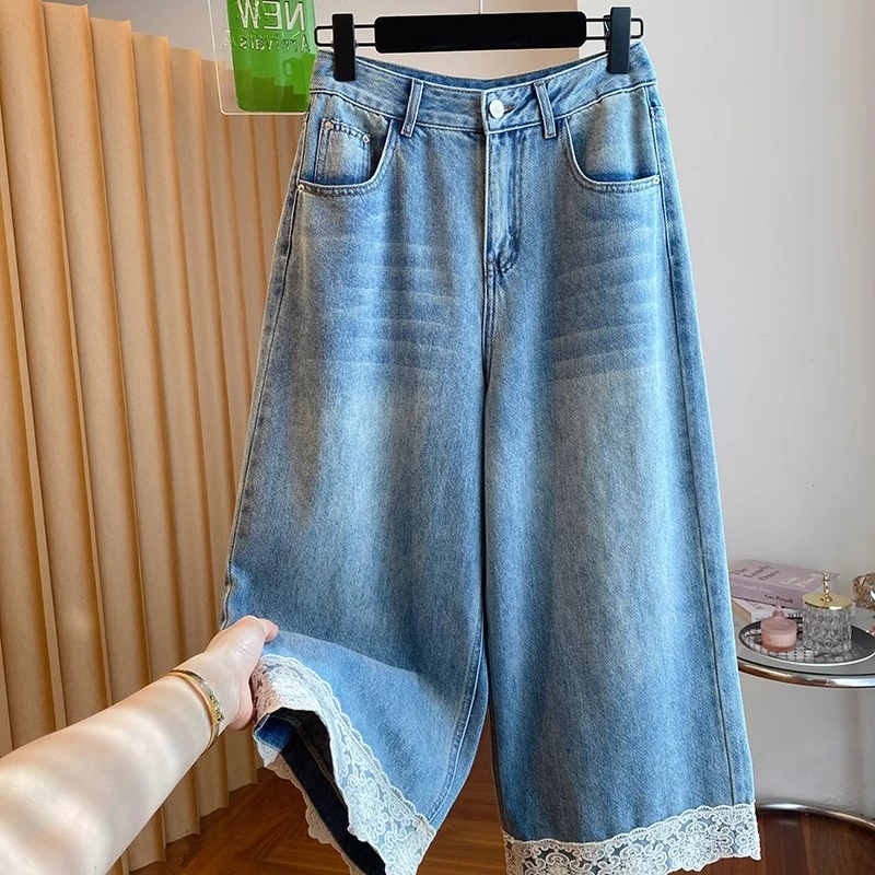 复古蕾丝花边阔腿牛仔裤女春夏新款宽松大码高腰显瘦直筒九分裤子