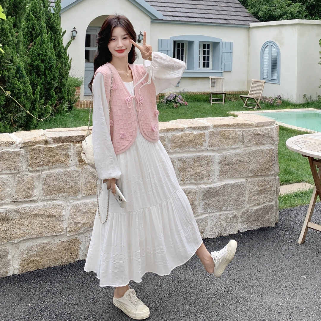 针织马甲拼接学院风连衣裙女2025秋季新款甜美休闲时尚气质两件套