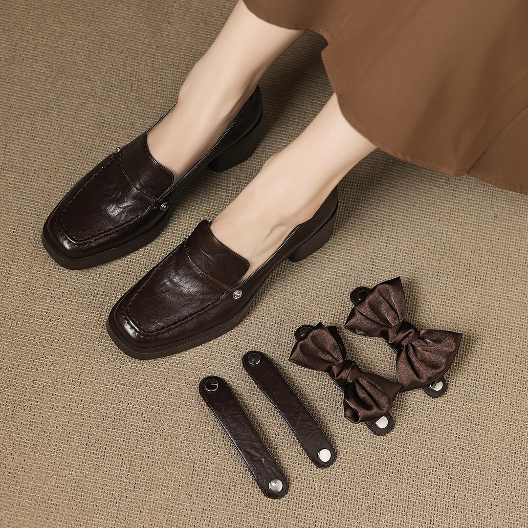 修悦~5cm粗跟单鞋英伦风小皮鞋真皮一脚蹬乐福鞋三种穿法通勤鞋子