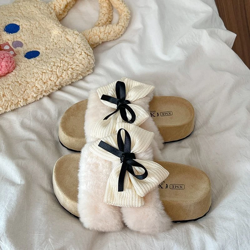 时尚蝴蝶结毛毛拖鞋女外穿2025秋季新款百搭厚底增高懒人一字拖潮