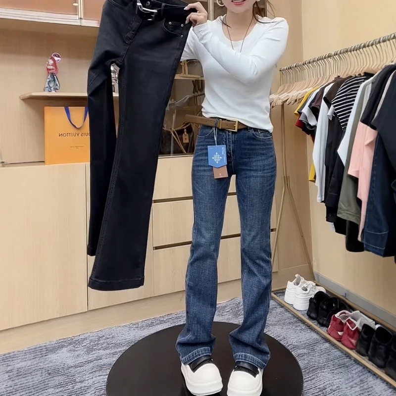 2025秋季新款高腰显瘦窄版马蹄裤大码百搭复古弹力修身微喇牛仔裤