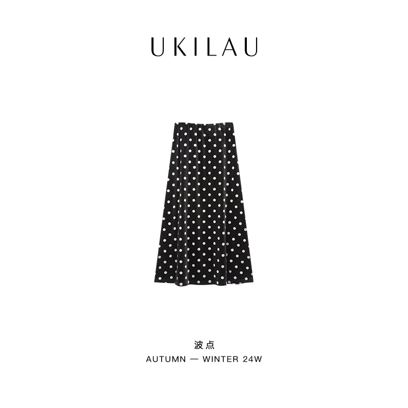 UKILAU简约气质小女人加绒波点丝绒半身裙