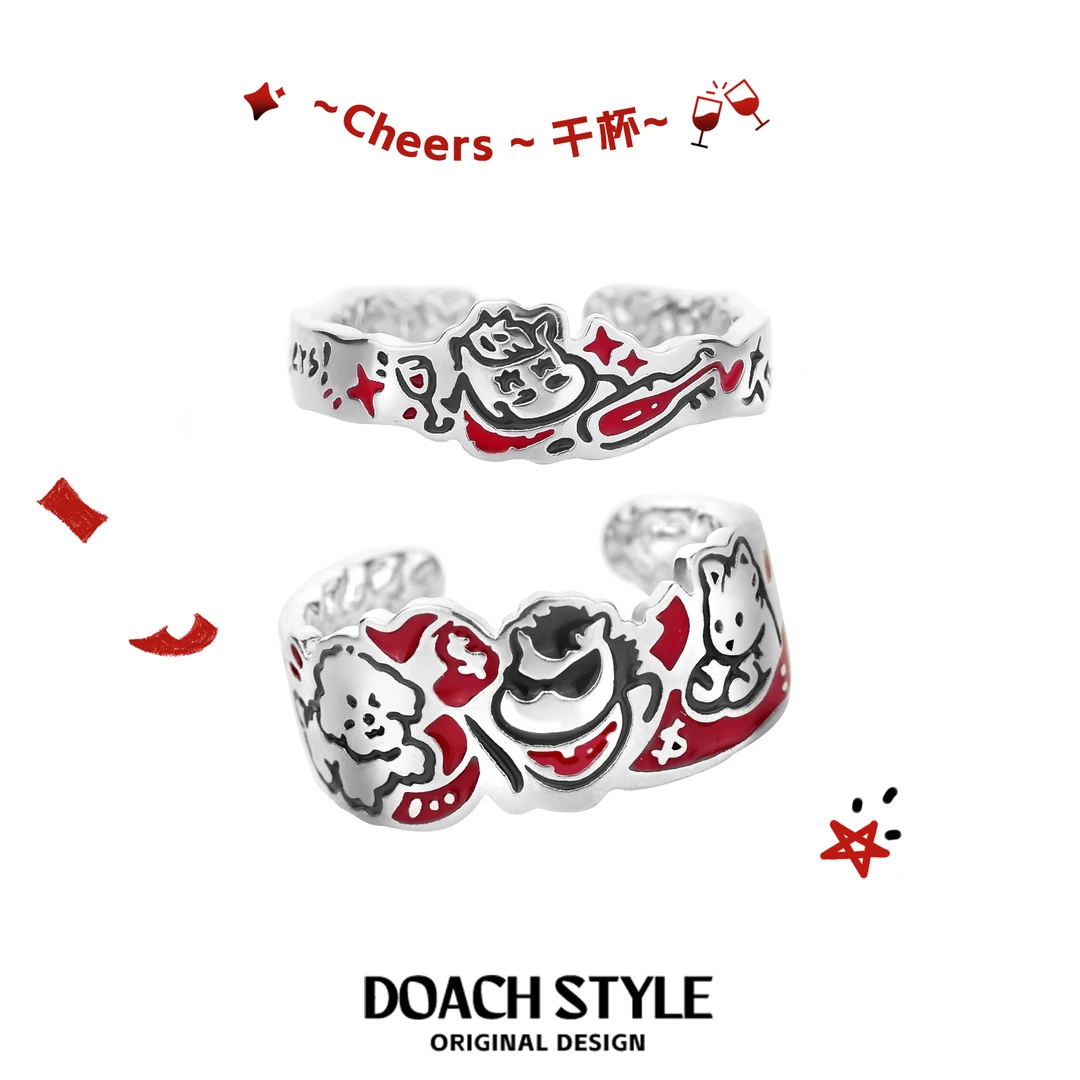 925银戒指 小猫小马情侣对戒原创设计高级甜酷开口戒新年礼物戒指