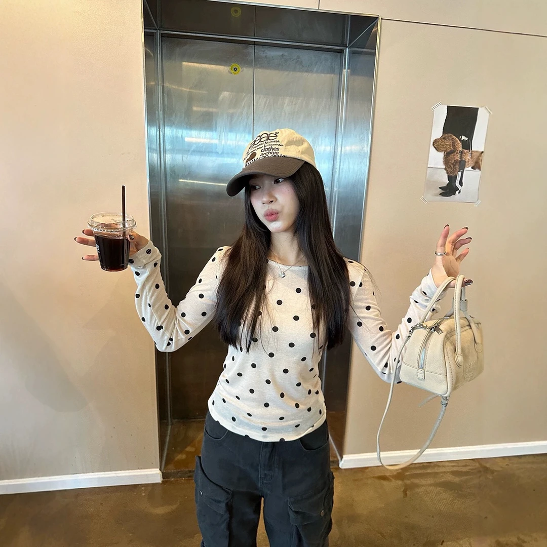 5189春季2026韩系复古甜美减龄百搭波点印花设计感修身打底衫上衣