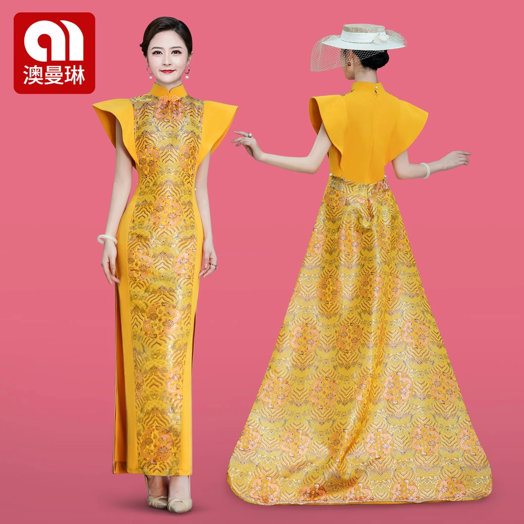 【青韵专属】高贵绝美T台走秀旗袍高端新中式款主持鱼尾拖尾晚礼服