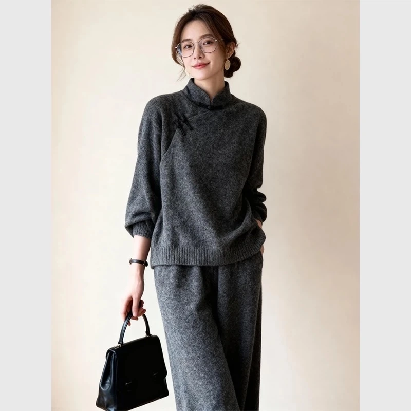 Y79巨好看的一整套贵气感御姐穿搭新中式国风复古炭灰色针织套装