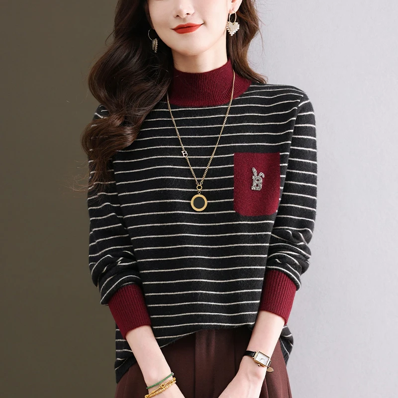 秋冬女装大码洋气条纹针织衫女宽松显瘦外穿毛衣内搭半高领打底衫
