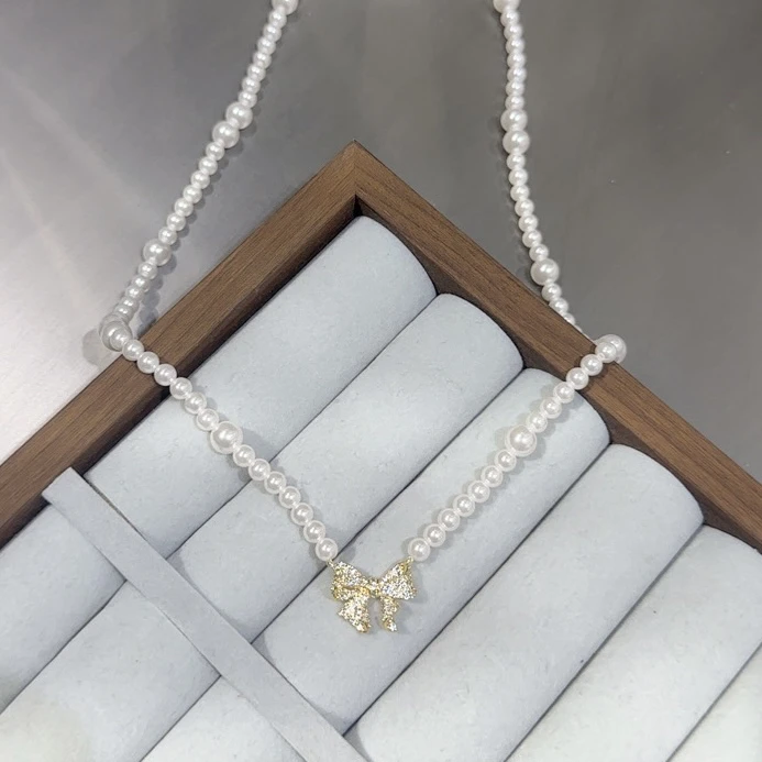 铜合金项链 浪漫温柔风米珠项链气质甜美小香风时尚轻奢锁骨链