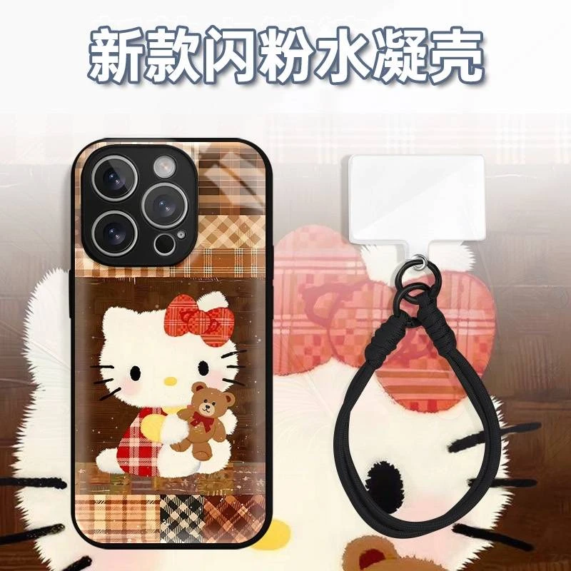 花布格拼贴KT抱熊水凝玻璃壳适用iPhone苹果16手机壳华为oppo小米