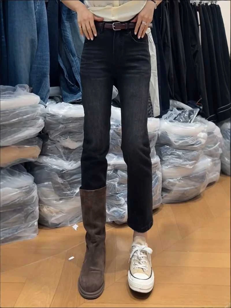 百搭复古九分烟管裤大码高腰显瘦2025秋季新款弹力修身直筒牛仔裤