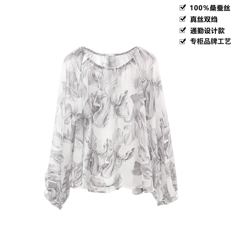 100桑蚕丝国风水墨芭蕉印花长袖休闲长袖女真丝上衣CX292