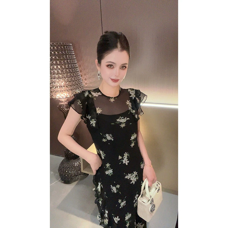 （两件套）圆领飞飞袖纱纱印花连衣裙LYQ30643