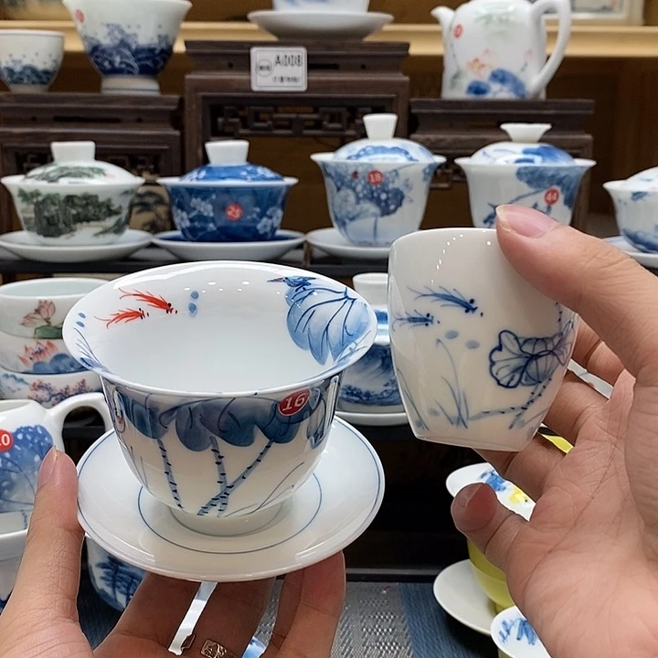 手绘内外绘荷花160cc➕主人杯75cc釉下彩微瑕福利款