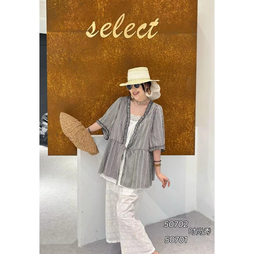 季公子2025夏季新款格子假两件半袖50702