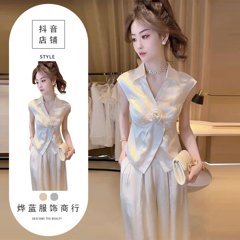 法式休闲高级感气质套装女短袖上衣阔腿裤两件套2025夏季女装