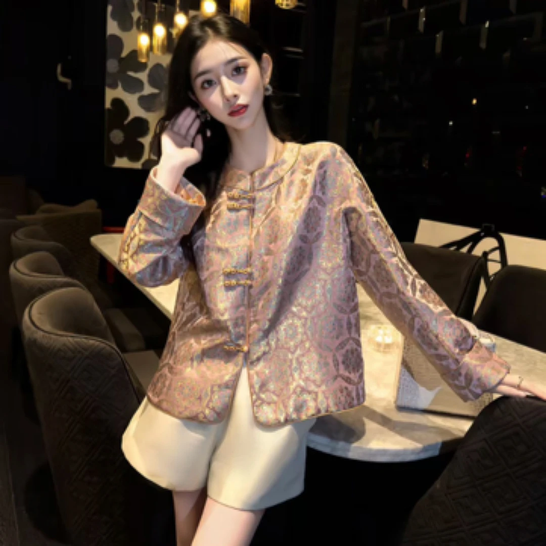 玛薇丝【锦宝】粉色宝相花宋锦外套