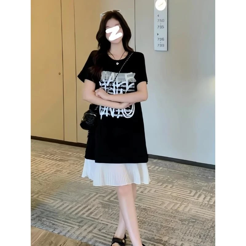 大码休闲蕾丝拼接连衣裙女夏季胖mm显瘦慵懒风设计感短袖T恤裙子