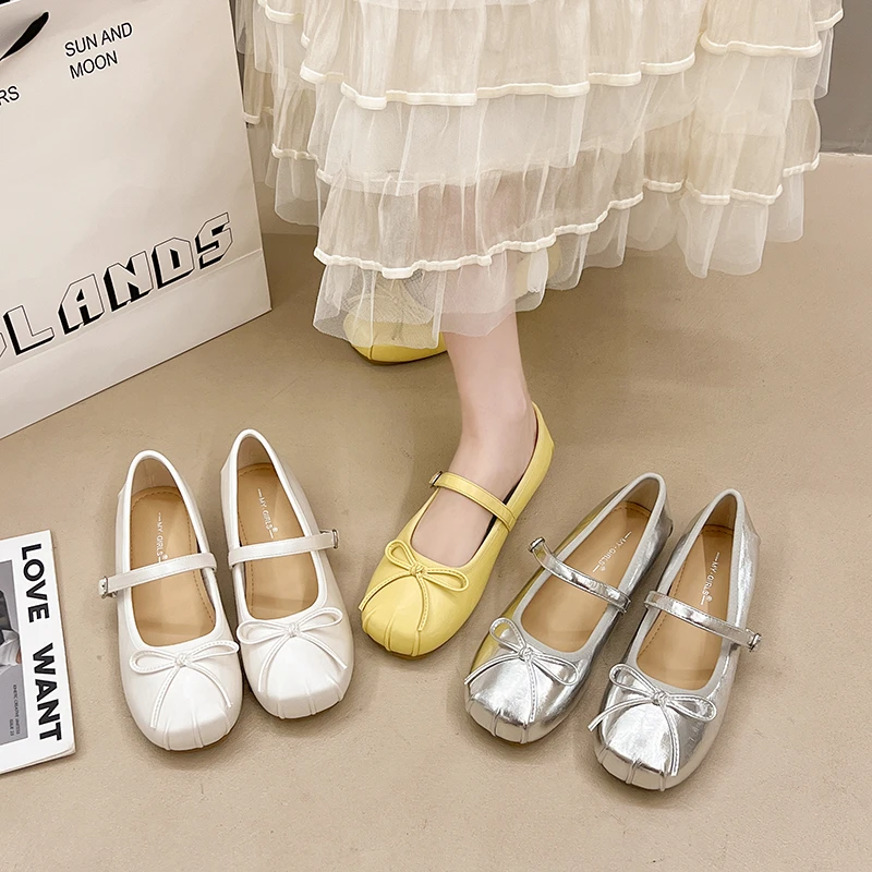 韩版平底一字带玛丽珍小皮鞋女2025新款方头褶皱蝴蝶结跟高2厘米