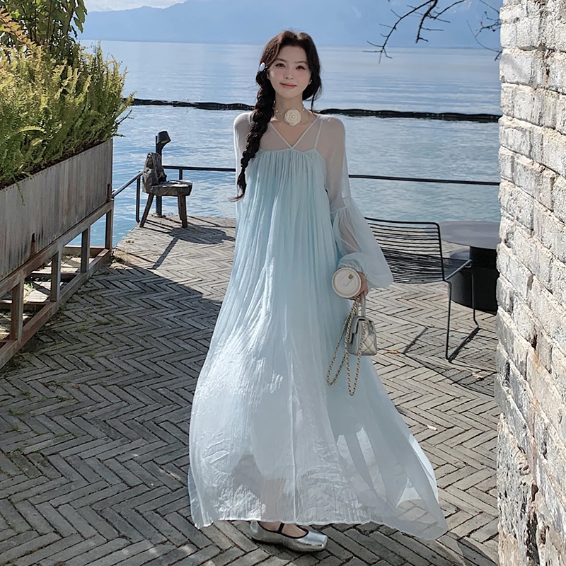 春游出行衣服2025夏新款浅蓝色防晒连衣裙仙女裙初恋长裙大摆裙