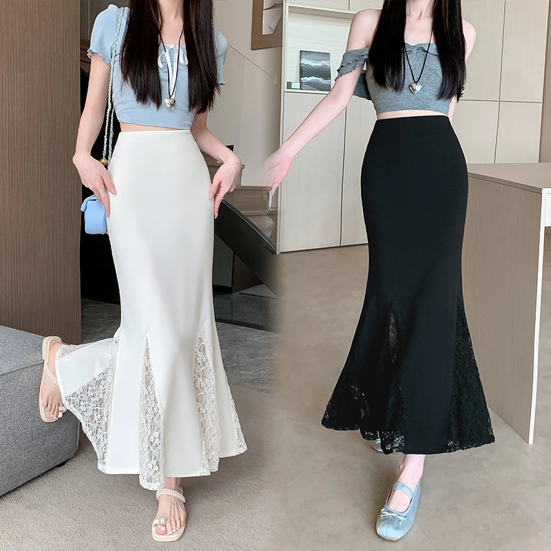 西装半身裙夏季2025新款高腰A字裙显瘦鱼尾裙蕾丝拼接百搭长裙