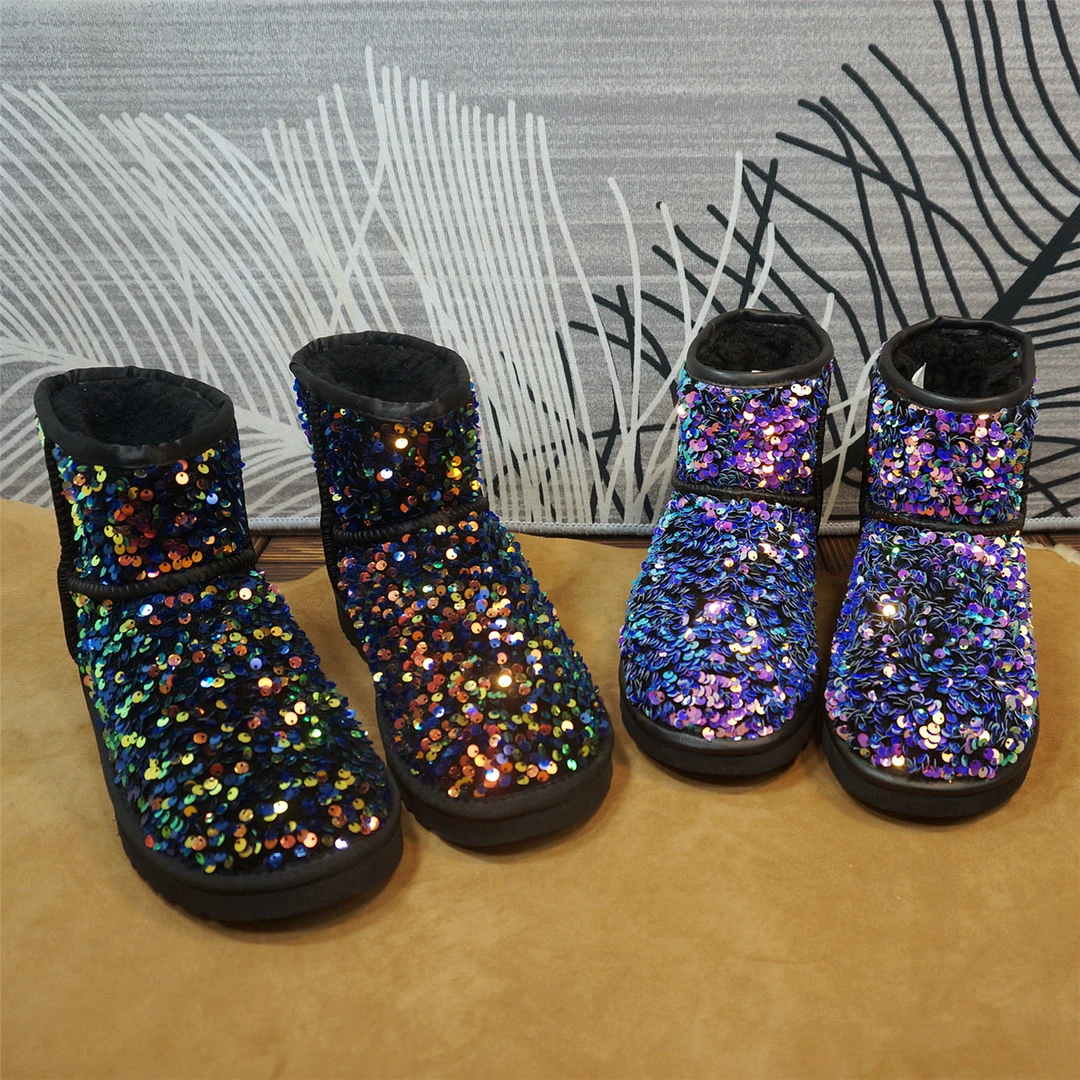 真皮亮片套筒羊毛女士雪地靴 平跟短筒靴 时尚冬季保暖棉靴27-14