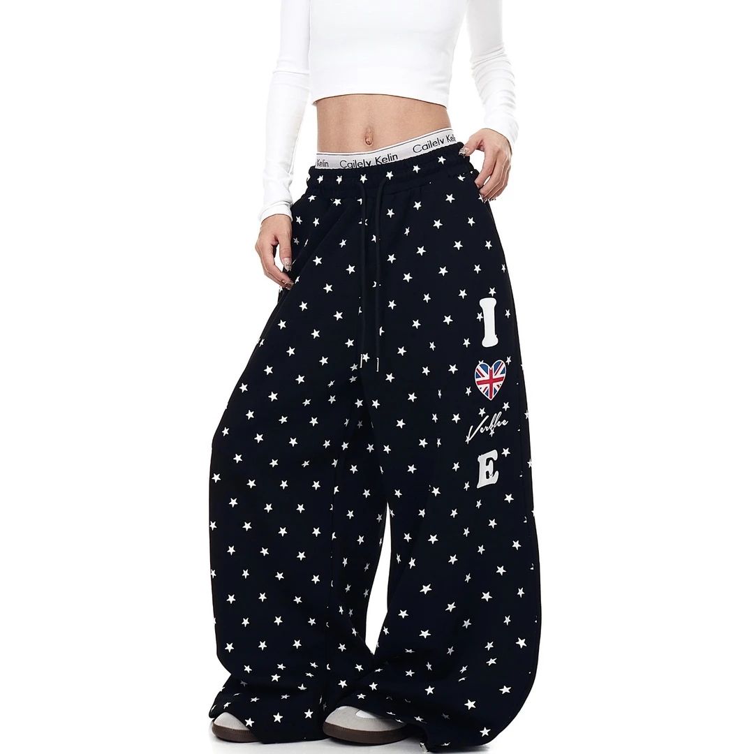 美式街头星星满印抽绳休闲裤男女新款嘻哈松紧腰垂感直筒阔腿裤