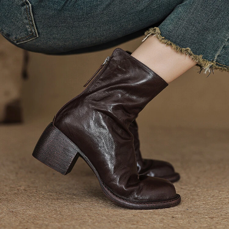 6cm~法式复古圆头粗跟短靴女棕色高跟后拉链马丁靴秋冬瘦瘦时装靴