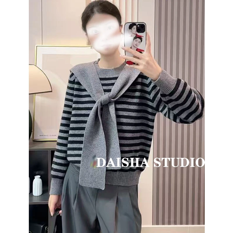 【糖鸭披肩】秋冬厚款百搭条纹圆领针织衫显瘦套头毛衣女两件套上衣