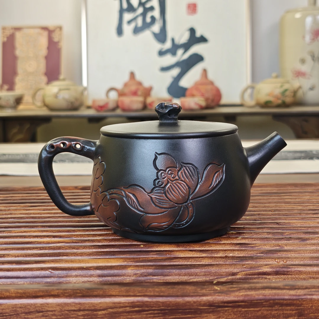 太湖石荷花壶-容量约250ml-建水紫陶-含铁量高-净化水质-赠同款杯