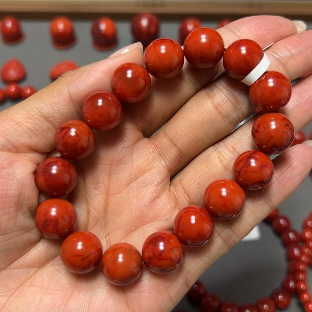 南红玛瑙未镶嵌手串 满肉虎皮纹火焰 约13.2mm 毕业级