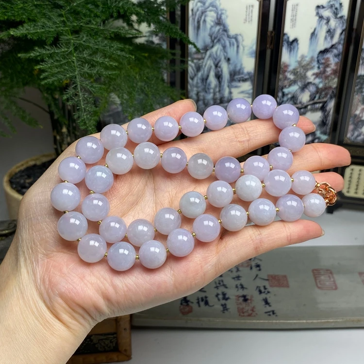 老种紫罗兰起胶感圆珠项链 天然翡翠A货