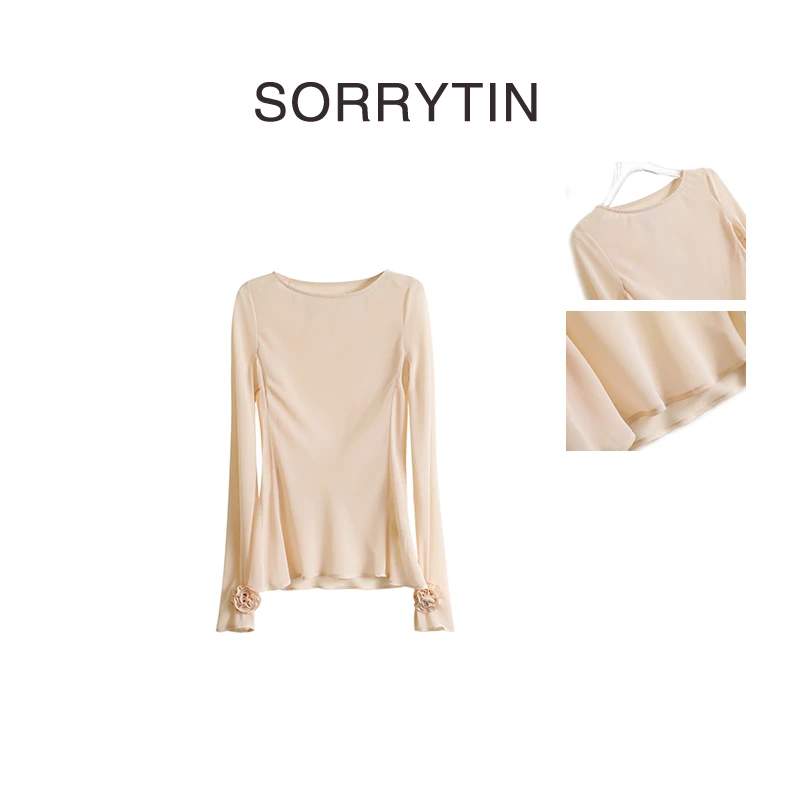 《胧纱叠蕊》SORRYTIN 立体手工玫瑰 清凉感乔其纱桑蚕丝斜裁衬衣