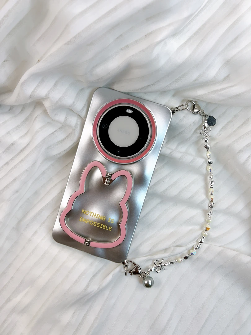 品申原创哑光银金属兔子支架串珠手提链适用华为mate60pro手机壳