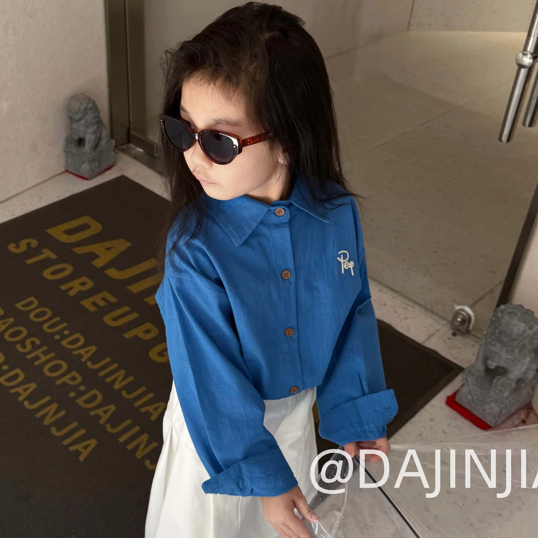 大金定制早秋新款高级感蓝色宽松韩系衬衫女宝宝韩系阔版衬衣上衣