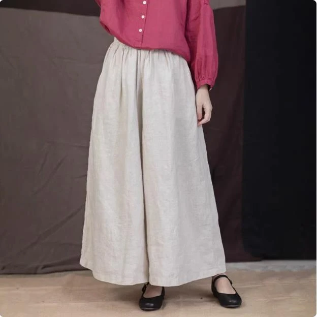 2025新款柔韧文艺夏季阔腿裙裤女纯亚麻松紧腰休闲裤阔腿裤