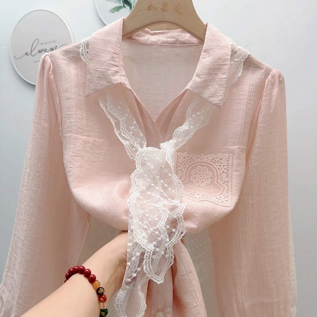 设计蕾丝丝巾领宽松衬衫2025春季新款时尚学院风七分袖上衣衬衣