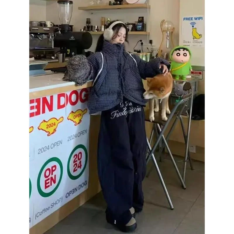 美式复古蝴蝶结系带短款棉服外套女冬季加厚磨毛阔腿裤时尚套装