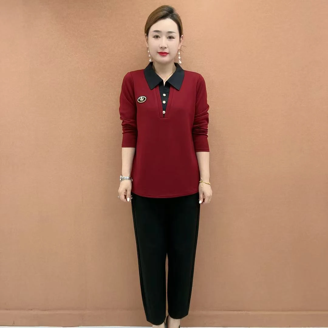 秋季时尚妈妈装翻领假两件宽松显瘦长袖卫衣百搭休闲