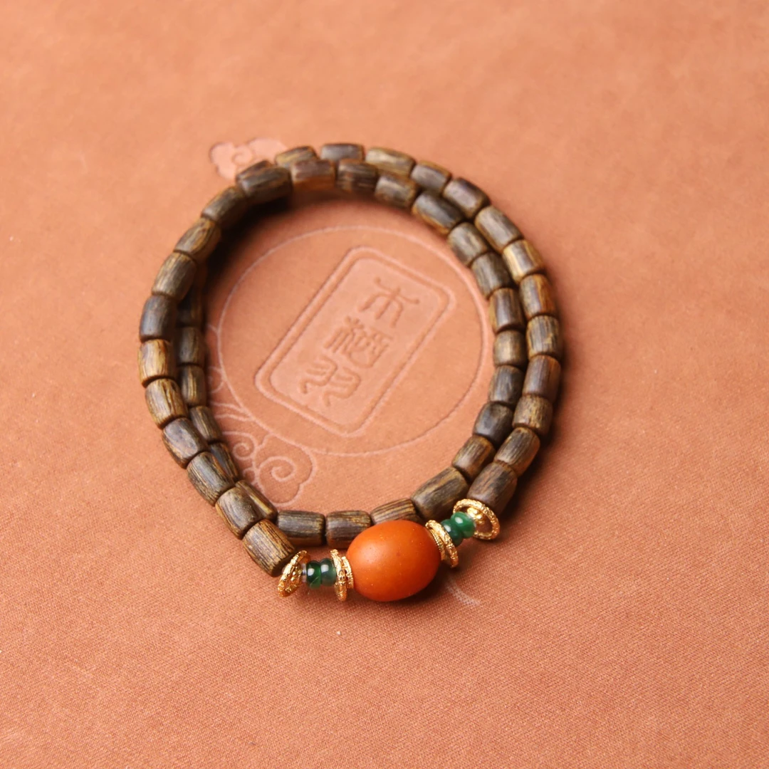 沉香【栖语】沉香沉水级桶珠新国风时尚双圈手串
