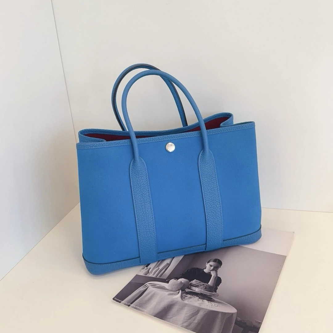 99新 Hermes/爱马仕 【老于】花园30法国蓝银扣内拼红帆布y手提包