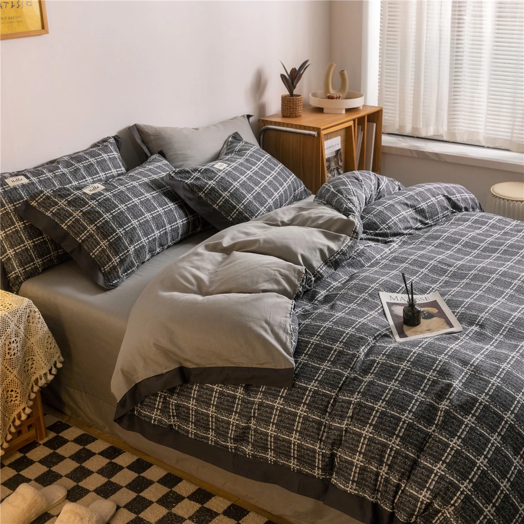 水星家纺100%全棉四件套拼角工艺纯棉三件套时尚款被套荷叶边床单