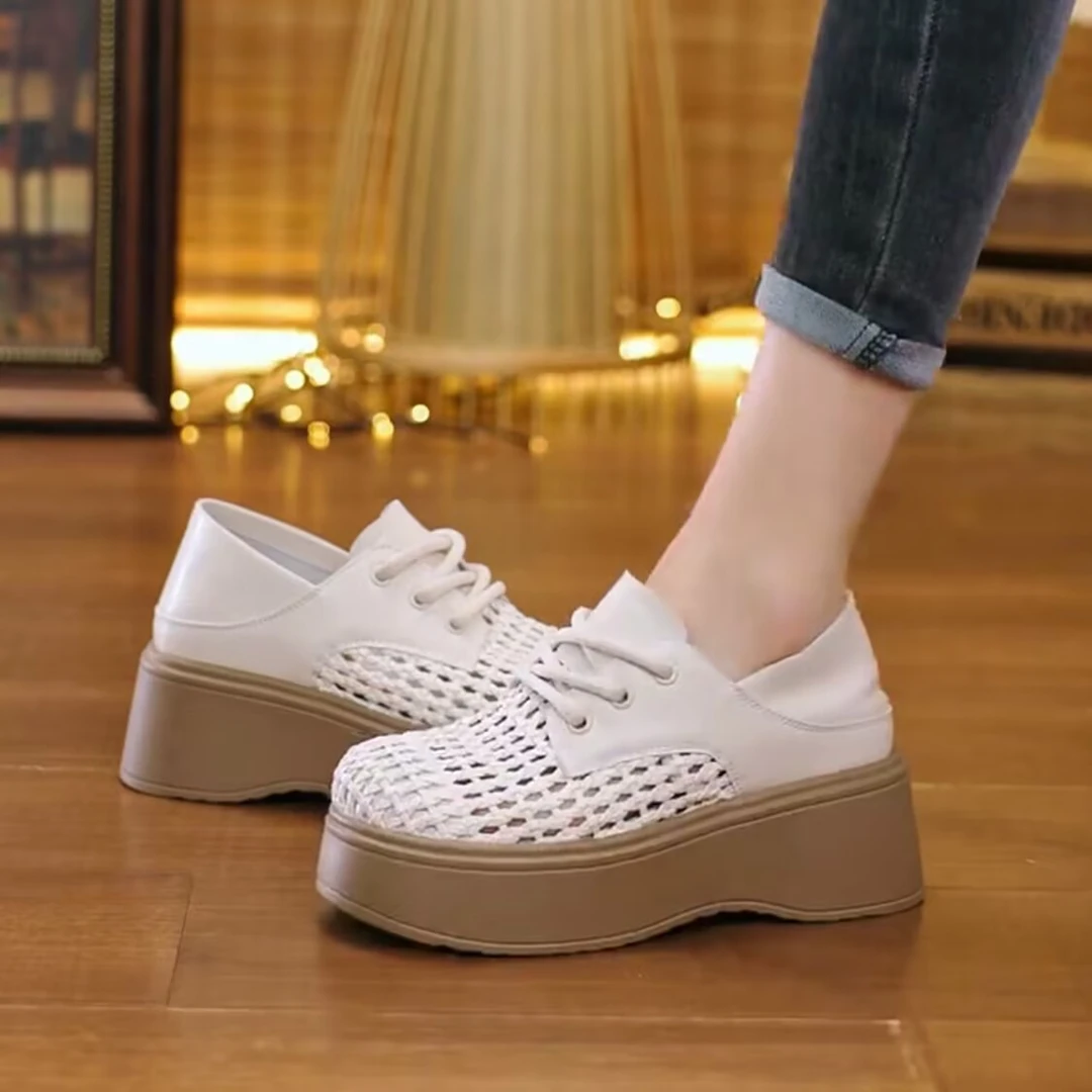 夏季镂空单鞋女透气百搭厚底包跟凉鞋软底小皮鞋潮流网面乐福鞋子