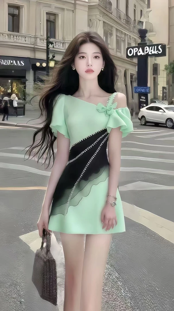 夏季新款时尚温柔风绿色斜领修身收腰短袖气质连衣裙女氛围感女装