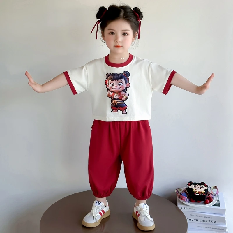 女小童哪吒套装夏季2025新款女宝宝网红短袖夏装小女孩运动两件套